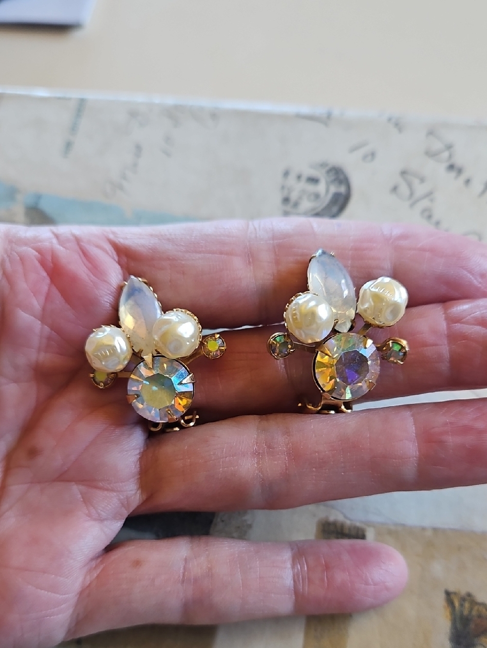 BEAU JEWEL Iridescent Rhinestones and Faux Pearl Cluster Clip-On Earrings - Picture 2 of 5